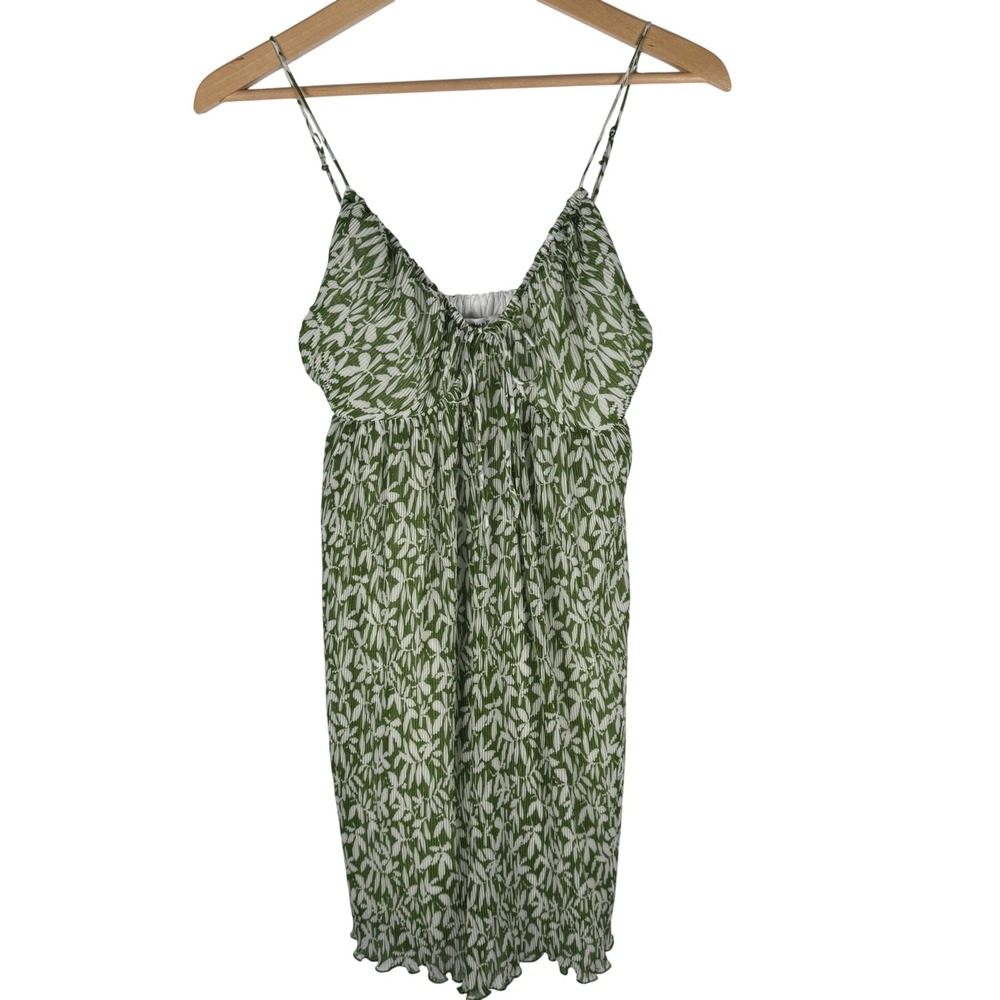 Abercrombie &‎ Fitch Green White Leaf Plisse Mini Dress Womens ST Tie Front